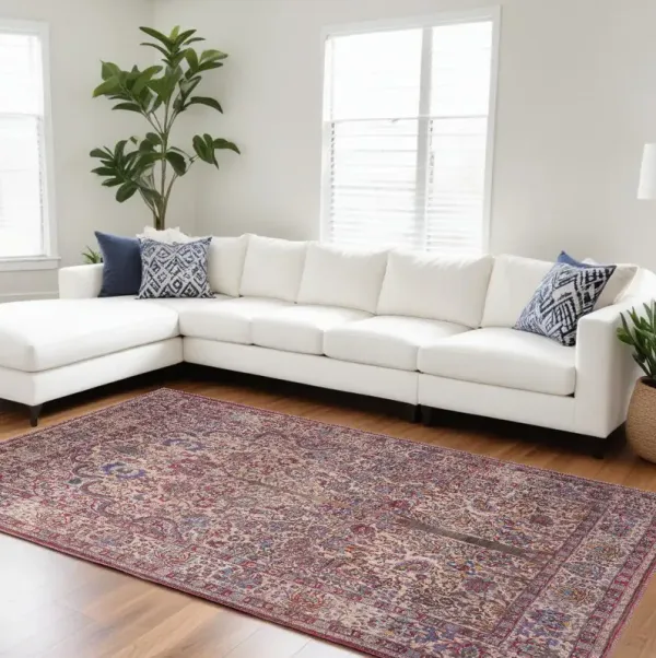 8.8' x 12' Floral Power Loom Area Rug - Red Tan And Pink