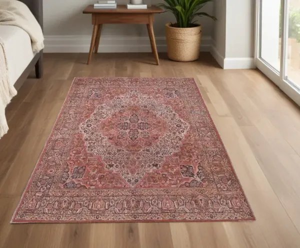 4' x 6' Floral Power Loom Area Rug - Red Tan And Pink