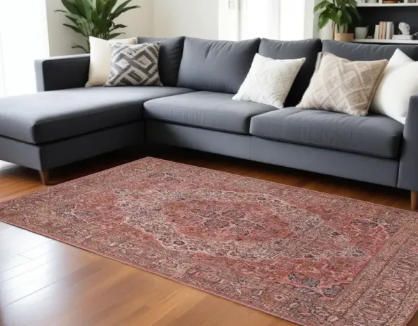 8' x 10' Floral Power Loom Area Rug - Red Tan And Pink