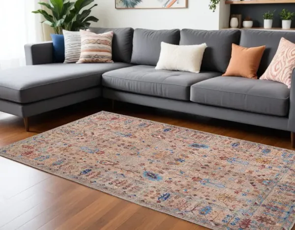 9' x 12' Floral Power Loom Area Rug - Tan Pink And Blue
