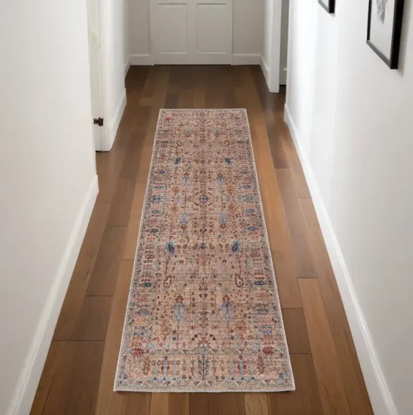 8' Floral Power Loom Runner Rug - Tan Pink And Blue