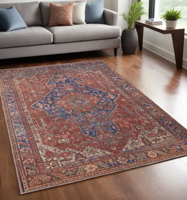 5' x 8' Floral Power Loom Polyester Area Rug - Red Tan And Blue
