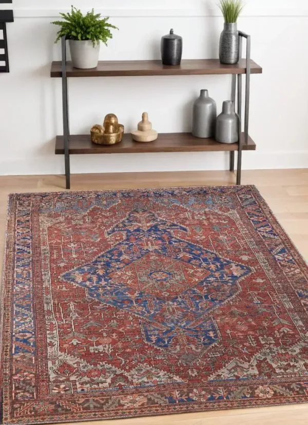 4' x 6' Floral Power Loom Area Rug - Red Tan And Blue