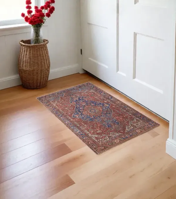 2' x 3' Floral Power Loom Area Rug - Red Tan And Blue