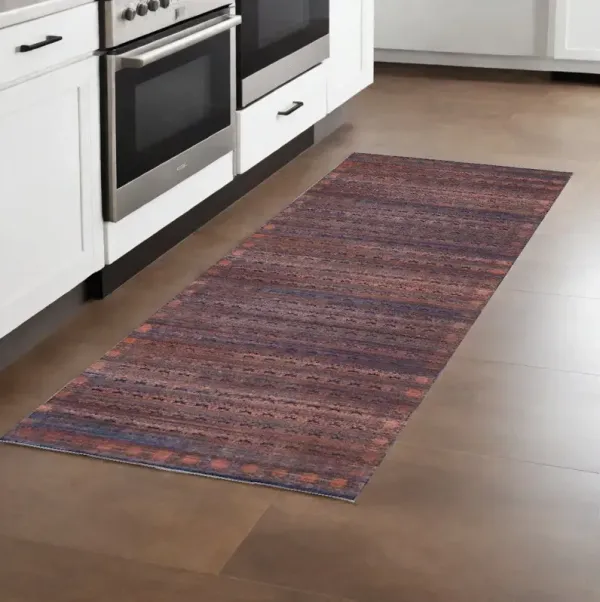 8' Floral Power Loom Runner Rug - Red Brown And Blue