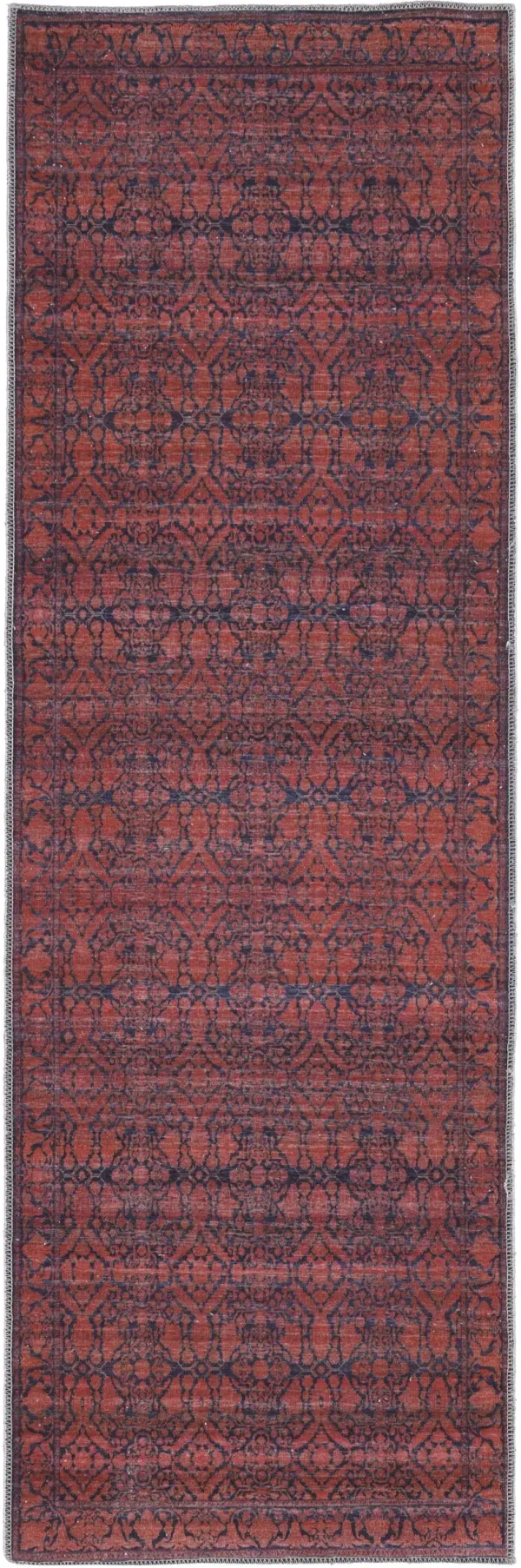 8' Floral Power Loom Runner Rug - Red And Black