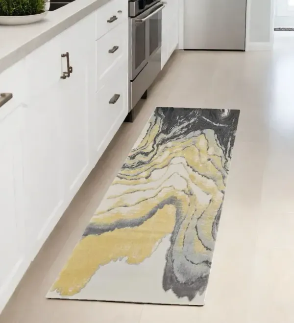 8' Runner Rug - Gray Yellow And Ivory