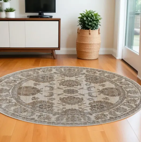 7.8' x 7.8' Round Oriental Power Loom Distressed Area Rug - Ivory And Brown