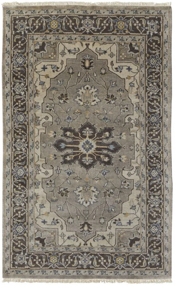 2' x 3' Wool Floral Hand Knotted Stain Resistant Area Rug - Gray Taupe And Blue