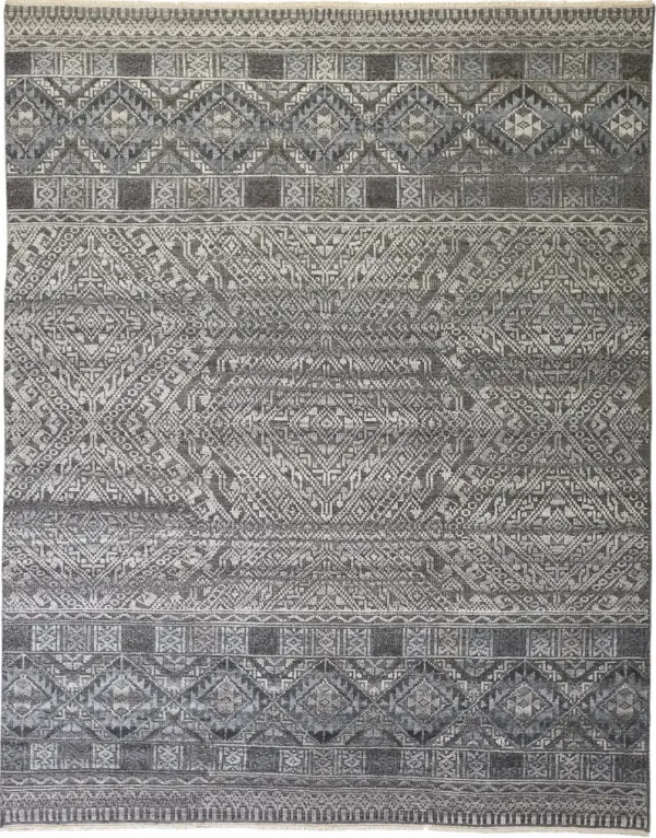2' x 3' Geometric Hand Knotted Area Rug - Ivory And Gray