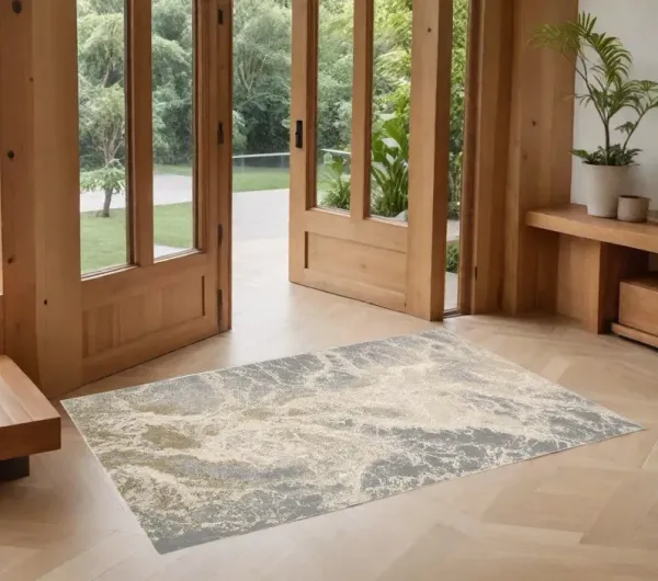 2' x 3' Abstract Stain Resistant Area Rug - Ivory Silver And Gold