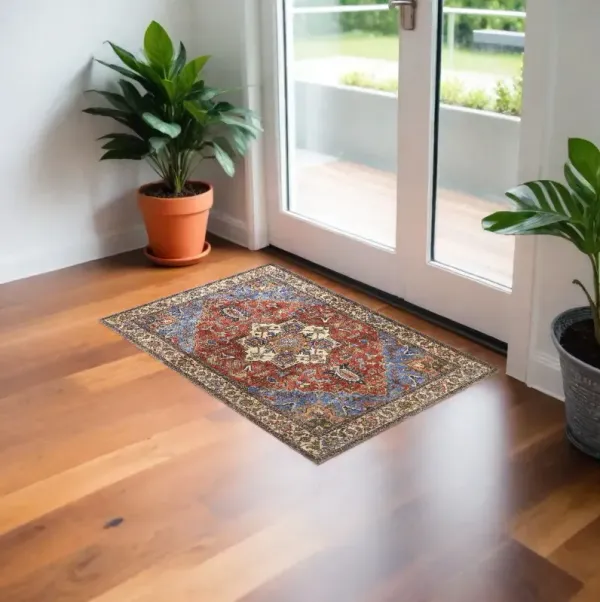 2' x 3' Floral Area Rug - Blue Red And Ivory