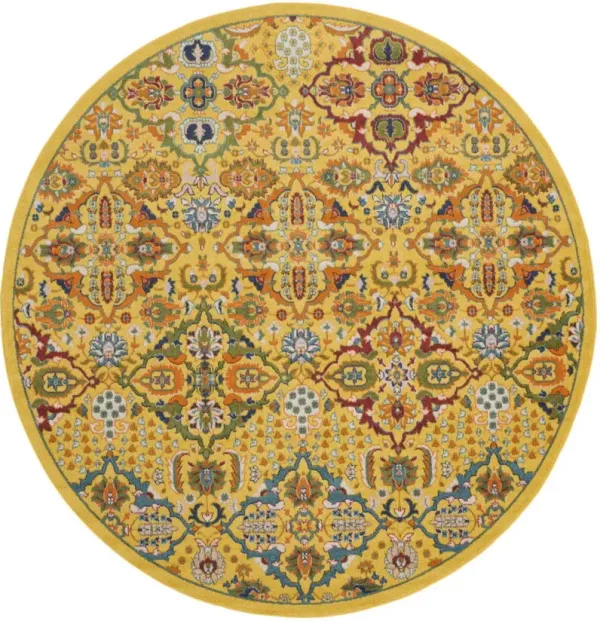 8' Round Floral Power Loom Area Rug - Yellow