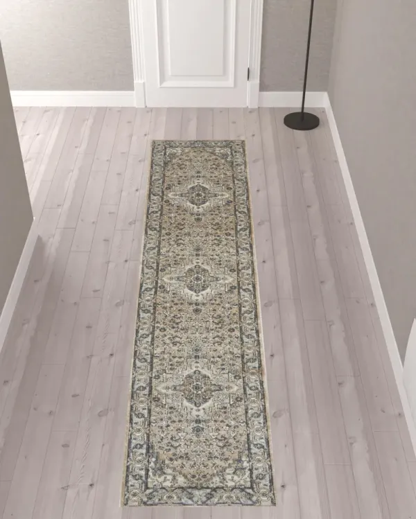 10' Medallion Power Loom Runner Rug - Gray And Ivory