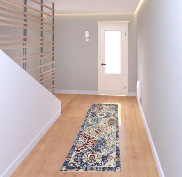 8' Damask Power Loom Distressed Runner Rug - Navy Blue