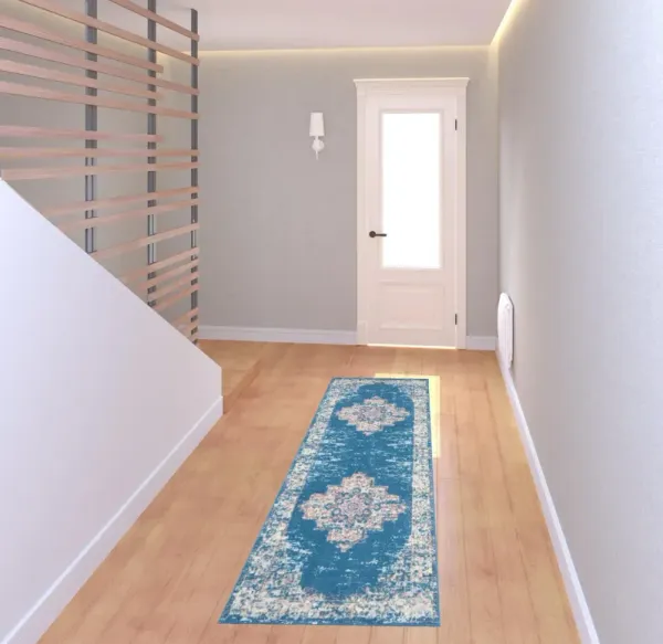 8' Damask Power Loom Runner Rug - Blue