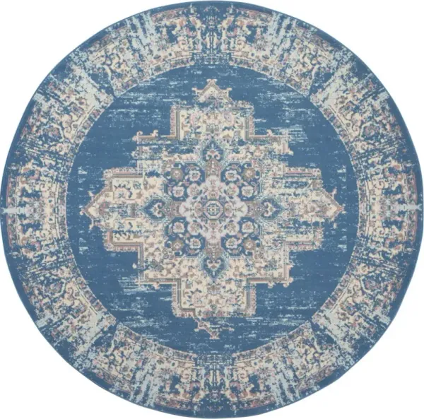 8' Round Damask Power Loom Area Rug - Blue