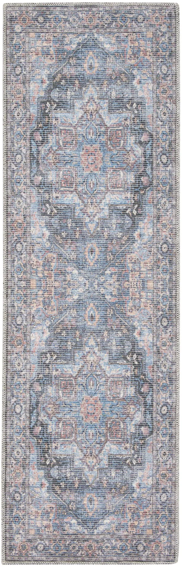 10' Floral Power Loom Distressed Washable Runner Rug - Blue