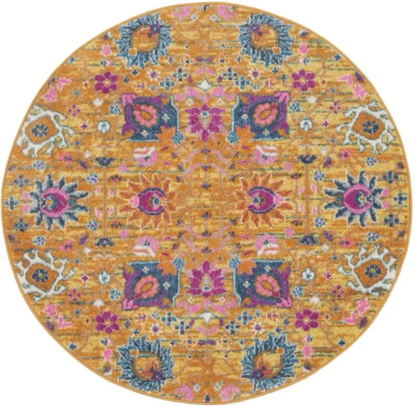 4' Round Floral Power Loom Area Rug - Gold