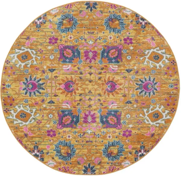 5' Round Floral Power Loom Area Rug - Gold