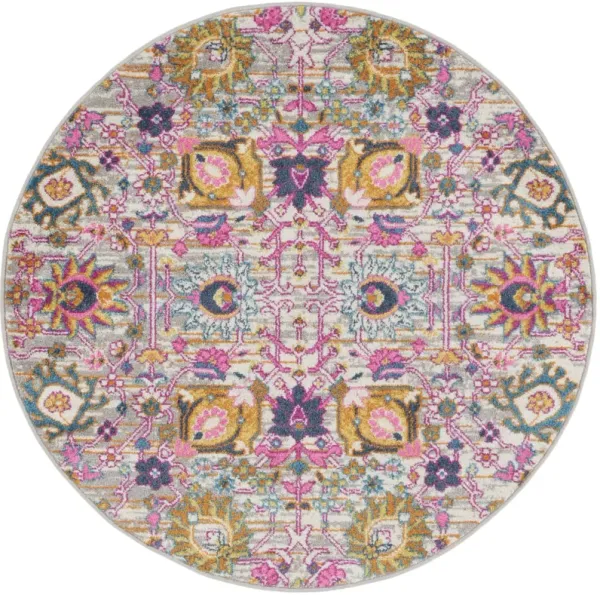 4' Round Floral Power Loom Polypropylene Area Rug - Gray