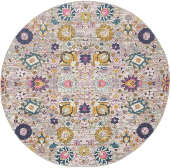 5.3' x 5.3' Round Floral Power Loom Area Rug - Gray