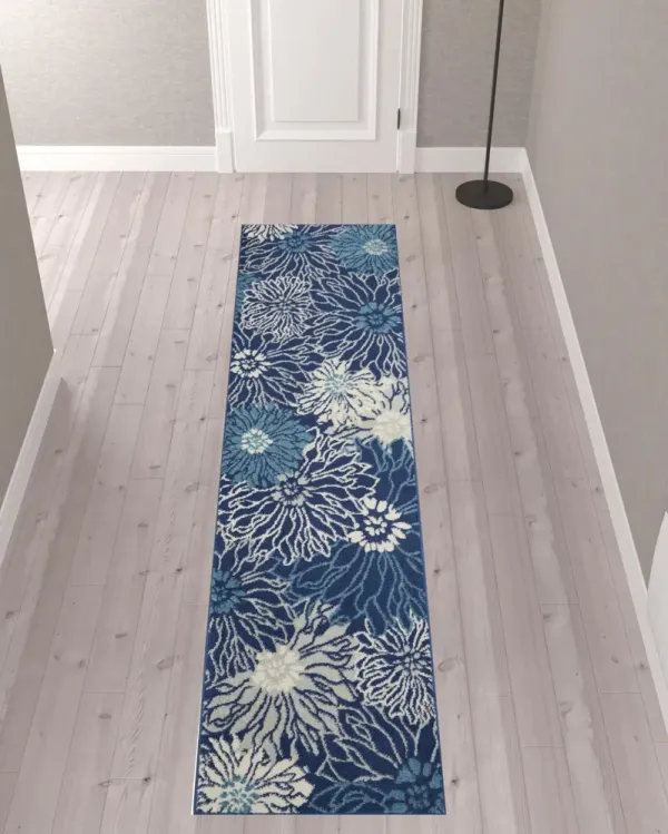 10' x 2.2' Floral Power Loom Runner Rug - Navy Blue