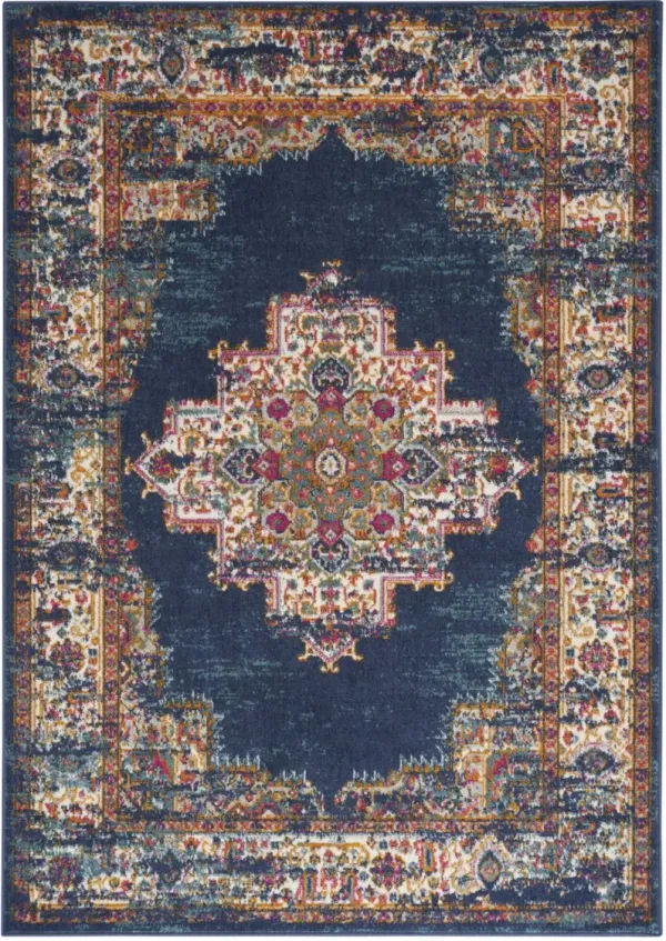 8' x 10' Floral Power Loom Distressed Area Rug - Navy Blue