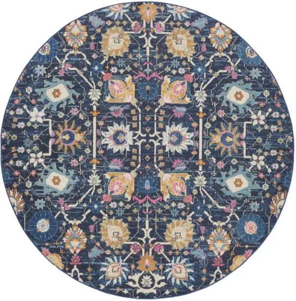 8' Round Floral Power Loom Area Rug - Navy Blue
