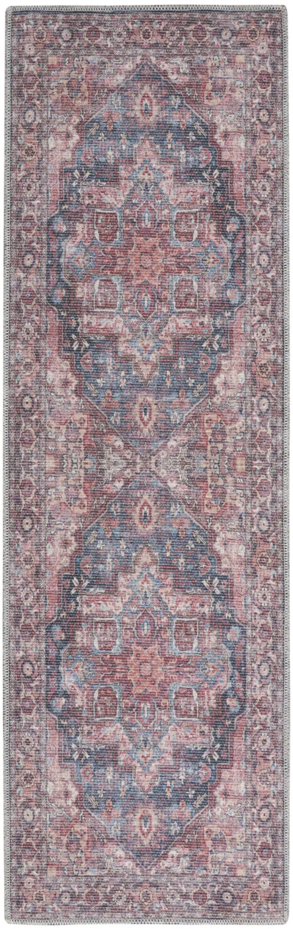 8' Floral Power Loom Distressed Washable Runner Rug - Red