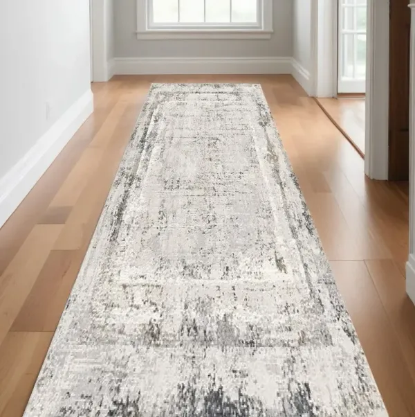 10' Abstract Distressed Runner Rug - Gray And Ivory