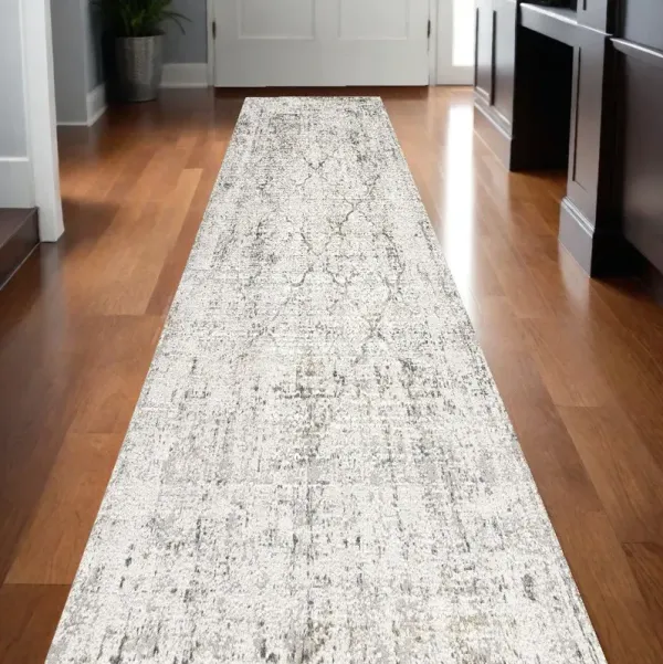 13' Damask Distressed Runner Rug - Gray And Ivory