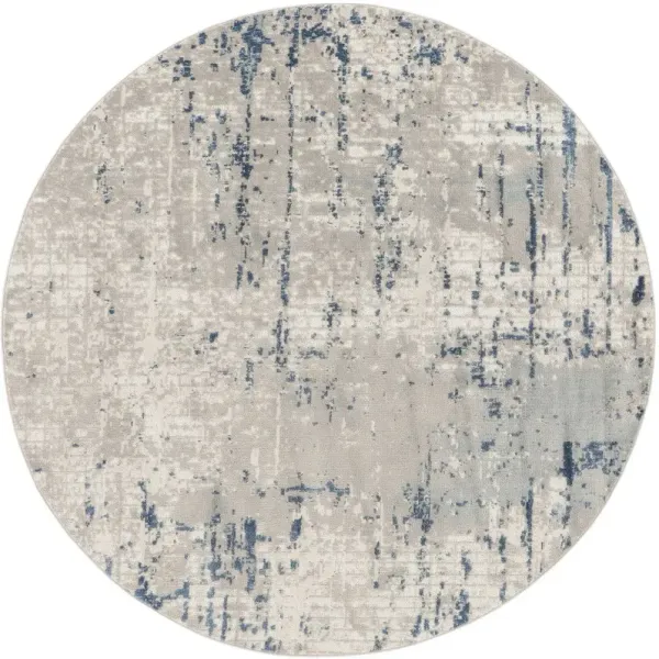 8' Round Abstract Power Loom Area Rug - Blue And Gray