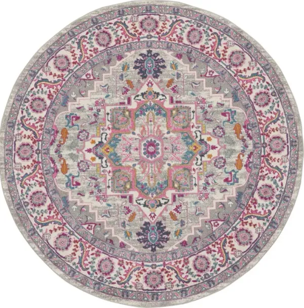 8' Round Floral Power Loom Polypropylene Area Rug - Gray
