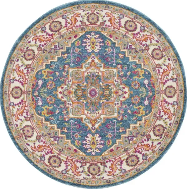 5.3' x 5.3' Round Floral Power Loom Polypropylene Area Rug - Gray