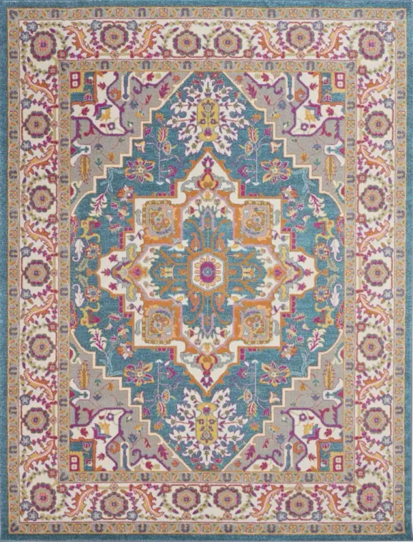 9' x 12' Floral Power Loom Polypropylene Area Rug - Blue And Orange