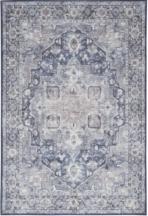 5.3' x 7.3' Floral Power Loom Distressed Washable Area Rug - Pink And Blue
