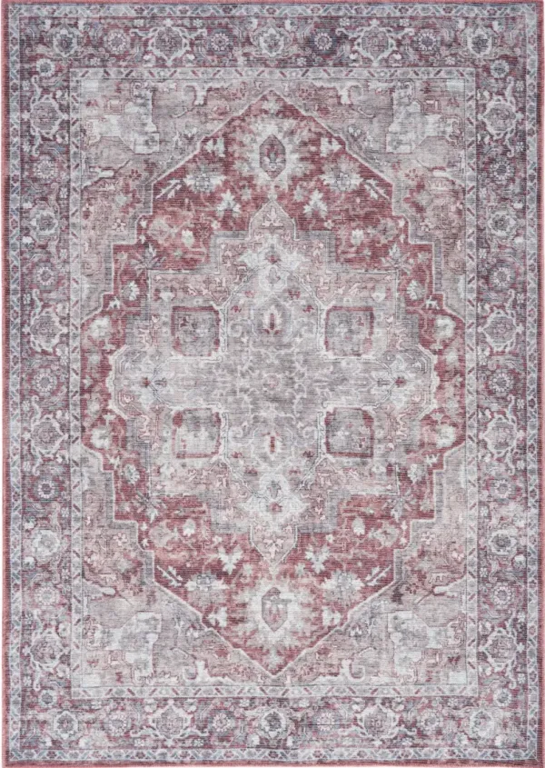 5.3' x 7.3' Floral Power Loom Distressed Washable Area Rug - Blue And Pink