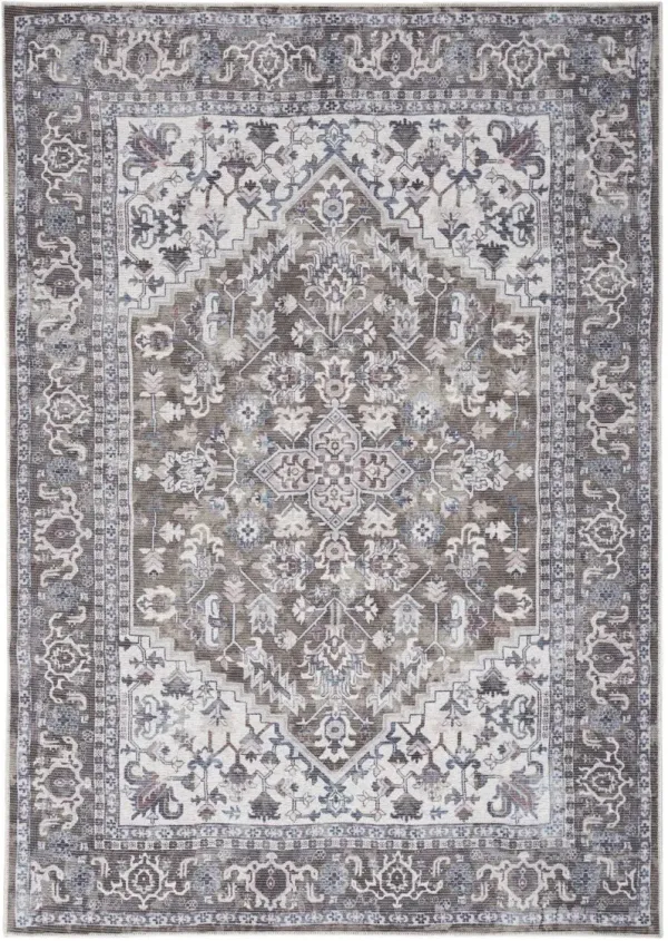 6' x 9' Floral Distressed Washable Area Rug - Gray Ivory And Blue