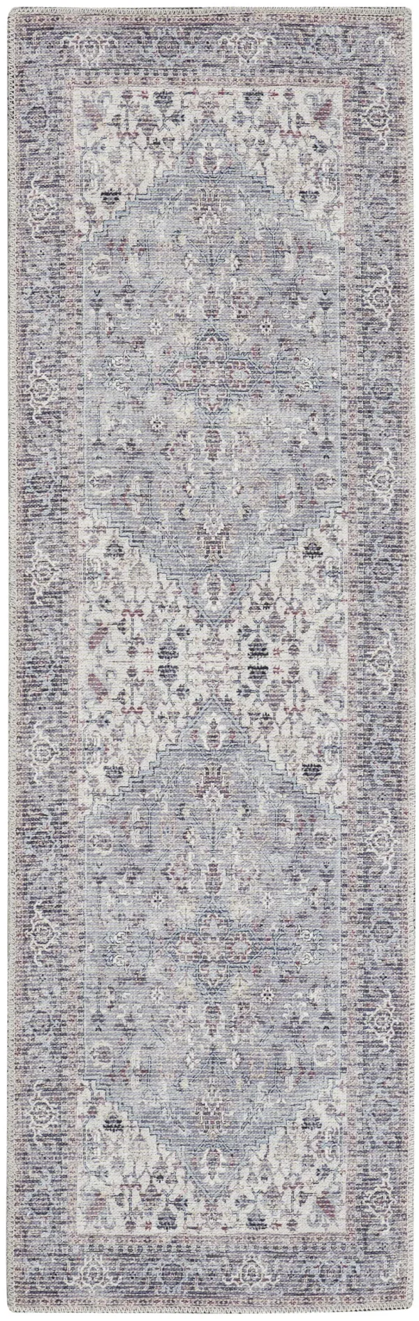 10' x 2.2' Floral Power Loom Distressed Washable Polyester Runner Rug - Gray