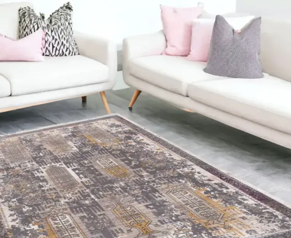 9' x 12' Oriental Power Loom Washable Non Skid Area Rug - Gray And Ivory