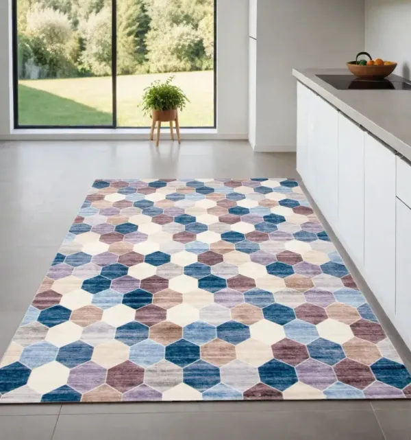 4' x 6' Geometric Distressed Area Rug - Ivory And Blue