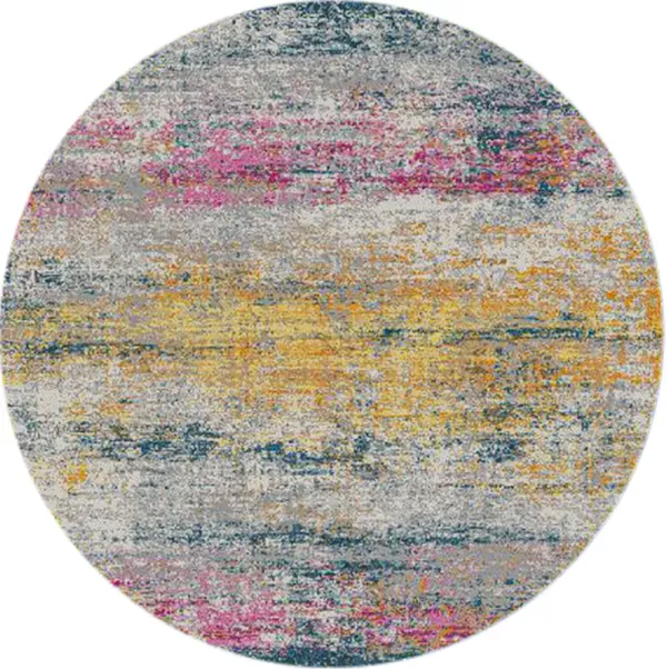 7' Abstract Power Loom Round Rug - Pink And Orange