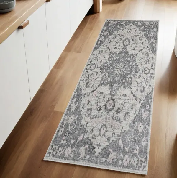 8' Medallion Power Loom Runner Rug - Gray