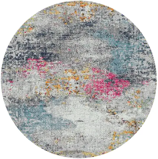 7' Abstract Power Loom Round Rug - Blue And Pink