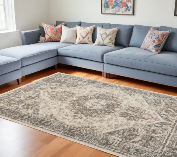 10' x 14' Beige Medallion Power Loom Area Rug - Gray And Light