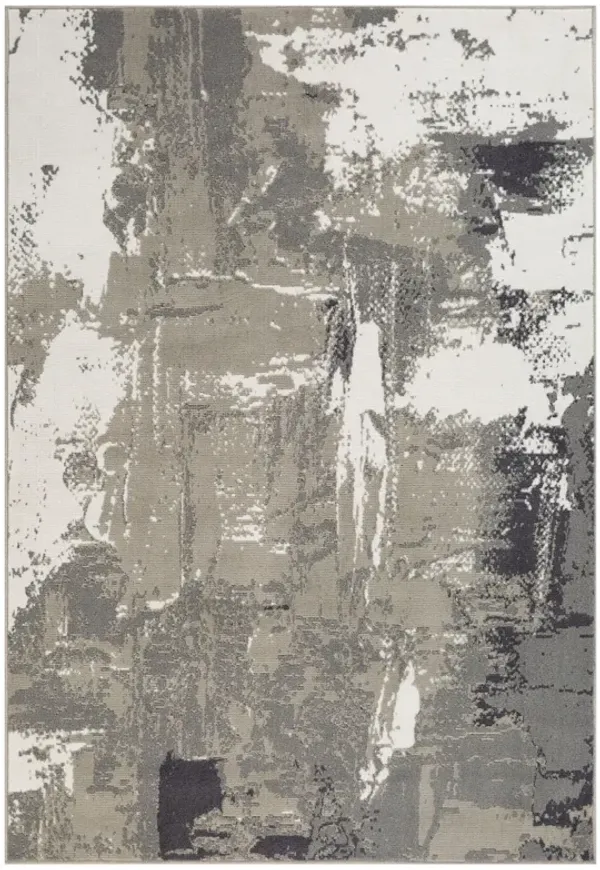 5.3' x 7.5' Abstract Power Loom Area Rug - Ivory Black And Gray