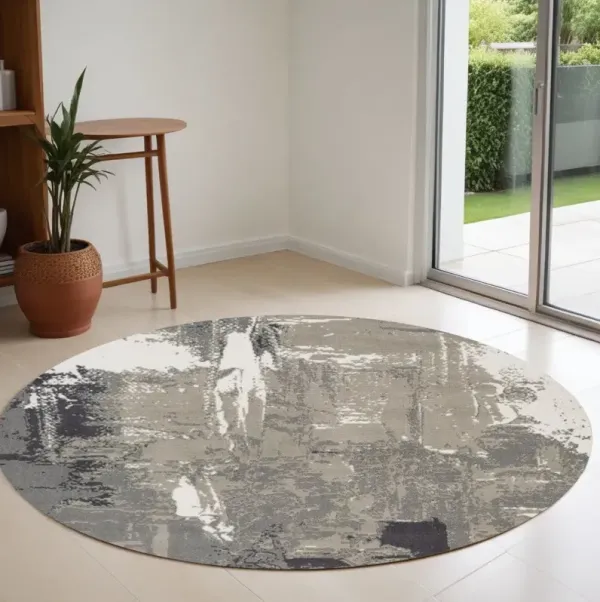 8' Abstract Power Loom Round Rug - Ivory Black And Gray