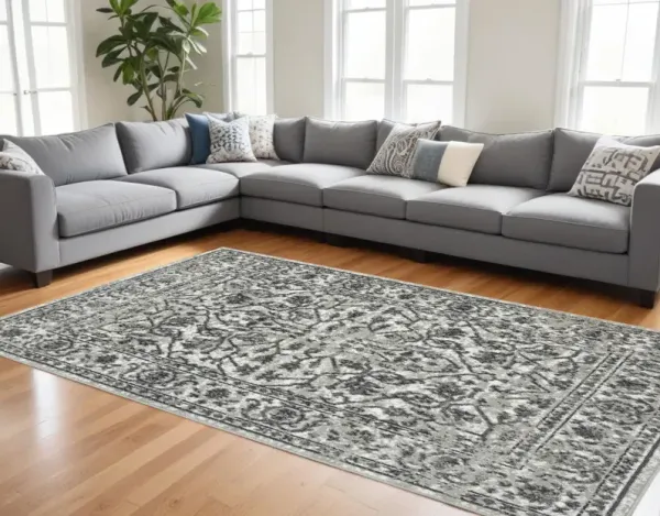 8' x 10' Gray Floral Power Loom Area Rug - Gray And Dark