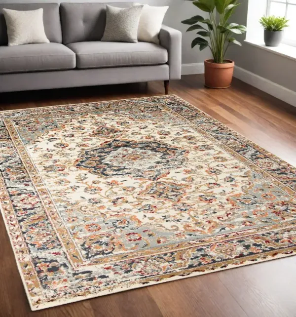 5' x 8' Medallion Power Loom Area Rug - Ivory Navy And Orange